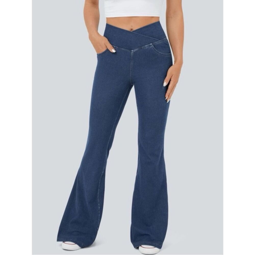 Halara Flex Denim Flare Crossover Waist Pull On Womens Large NEW